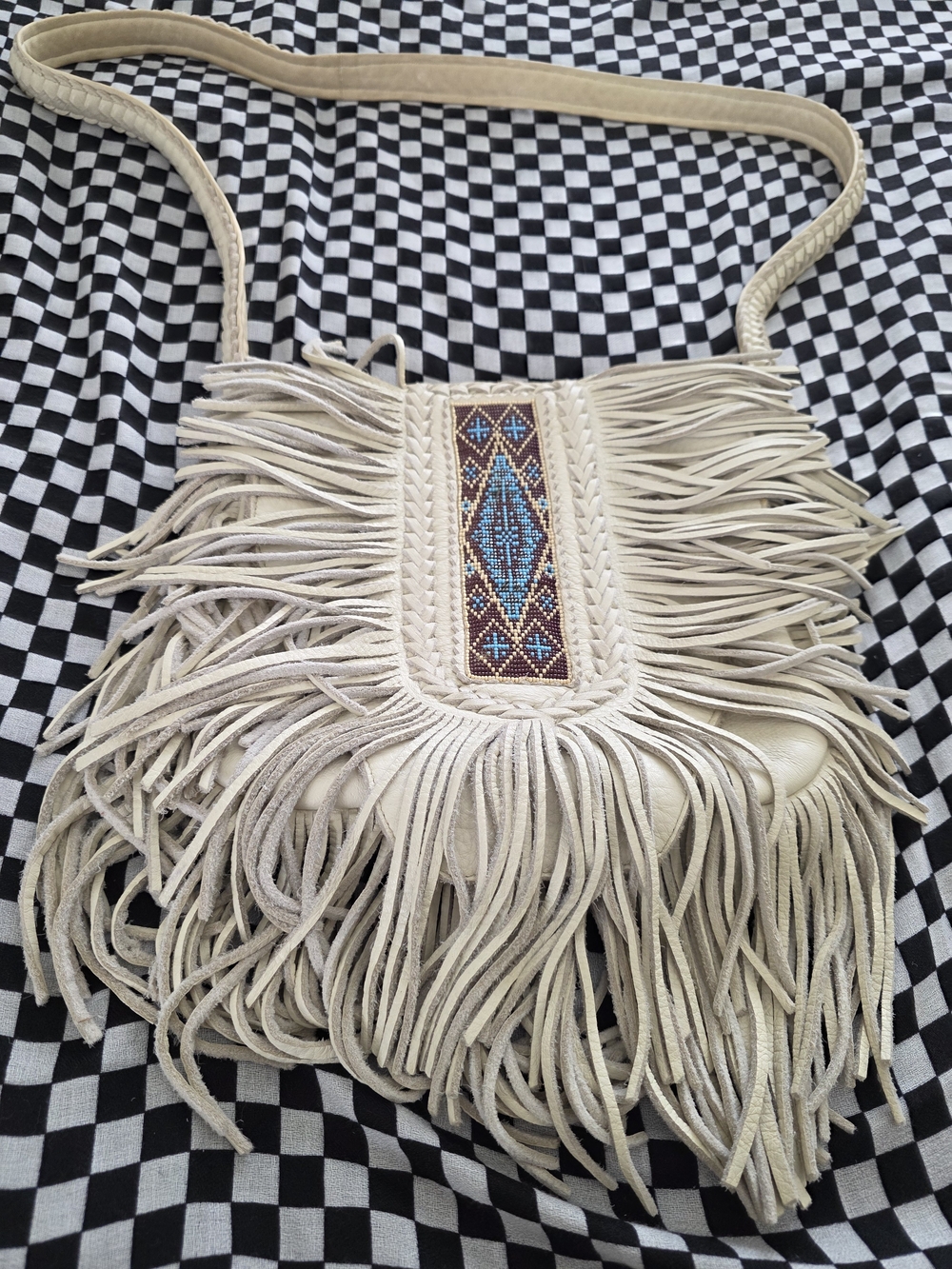 Fringed Crossbody Bag with Beaded Accent in Cream Genuine Leather Holster